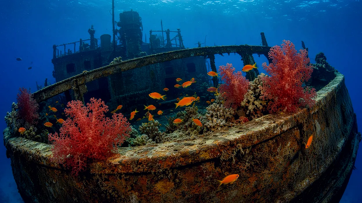 Soft coral and red anthias growing over a sunken hull