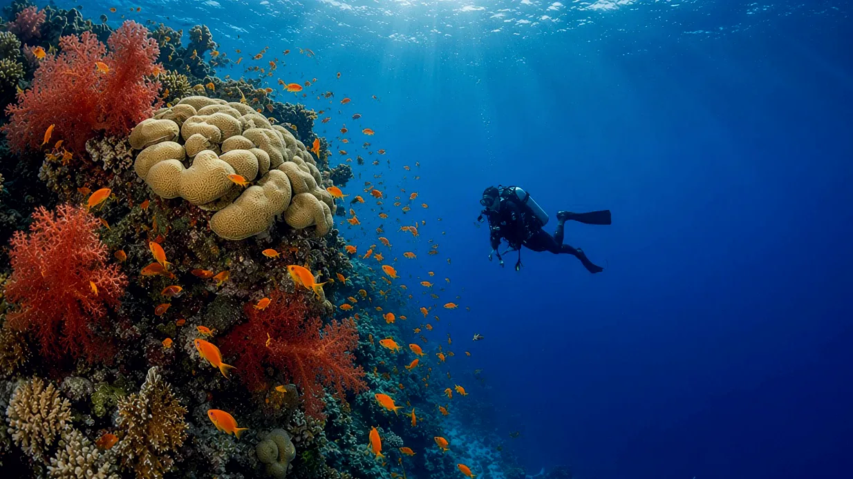 A diver beside a coral head in open blue water